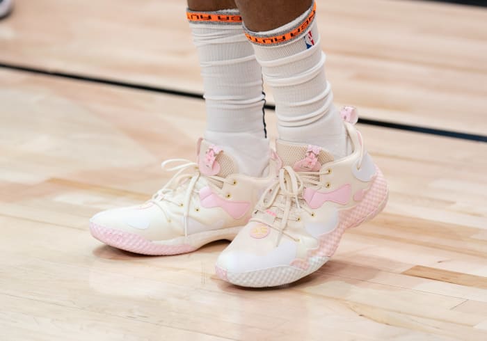 Philadelphia 76ers guard James Harden wearing the Adidas Harden Vol. 6.